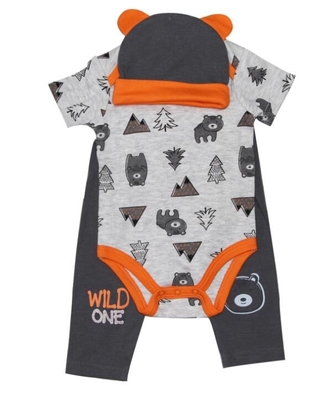 Neugeborener Jungen-3-teilige Satz Aop-Kurzschluss-Bodysuit-Hose mit Ohr-Kappe der Druck-3D
